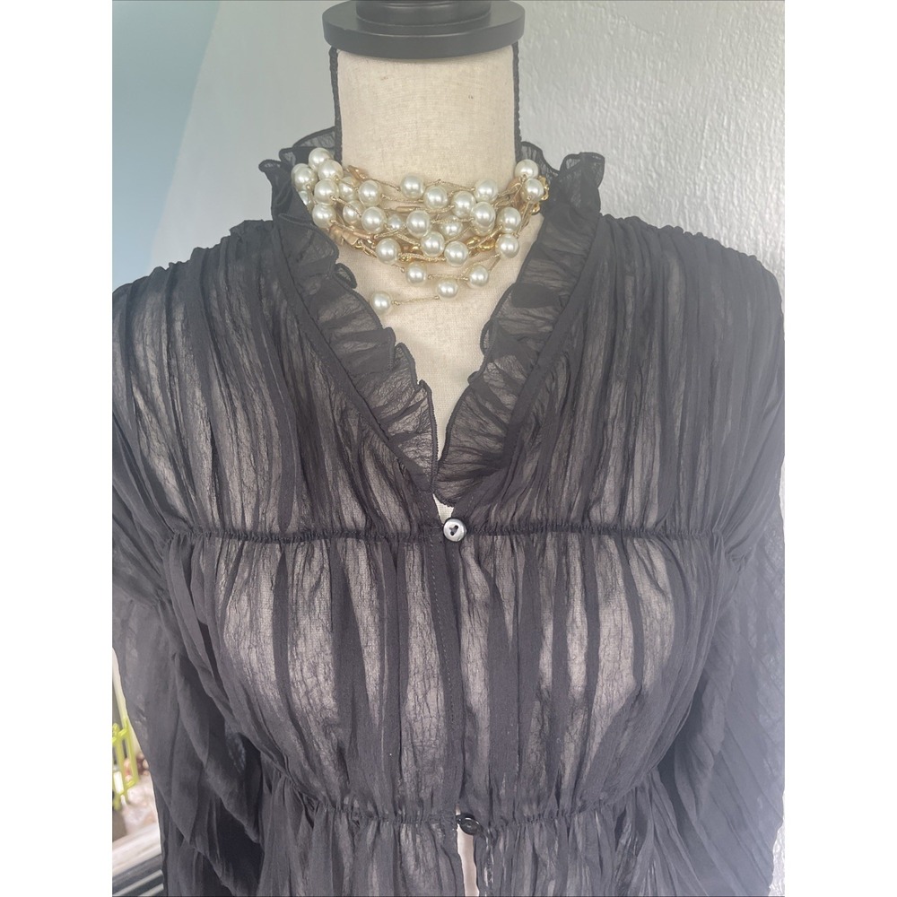 Commence NWT Bell With Ruffle Sleeve Black Chiffon Sheer Boho Blouse Size M - Picture 2 of 10